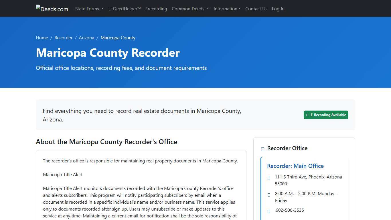 Maricopa County Recorder Information, Arizona - Deeds.com